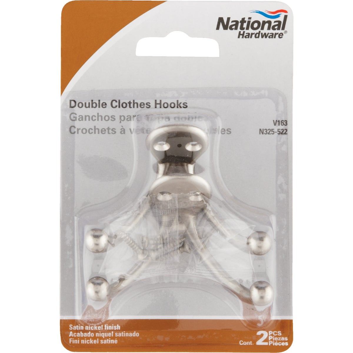 852297 Double Clothes Hooks Satin Nickel - 2 Pack