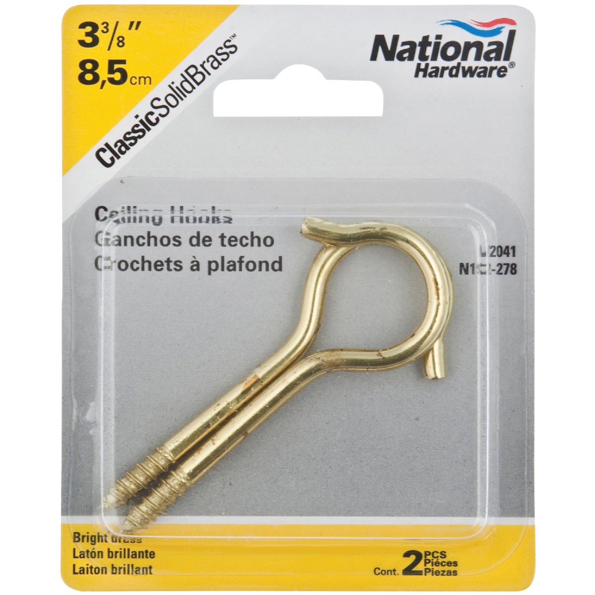 National 6 Solid Brass Ceiling Hook (2Pack) Hemlock Hardware