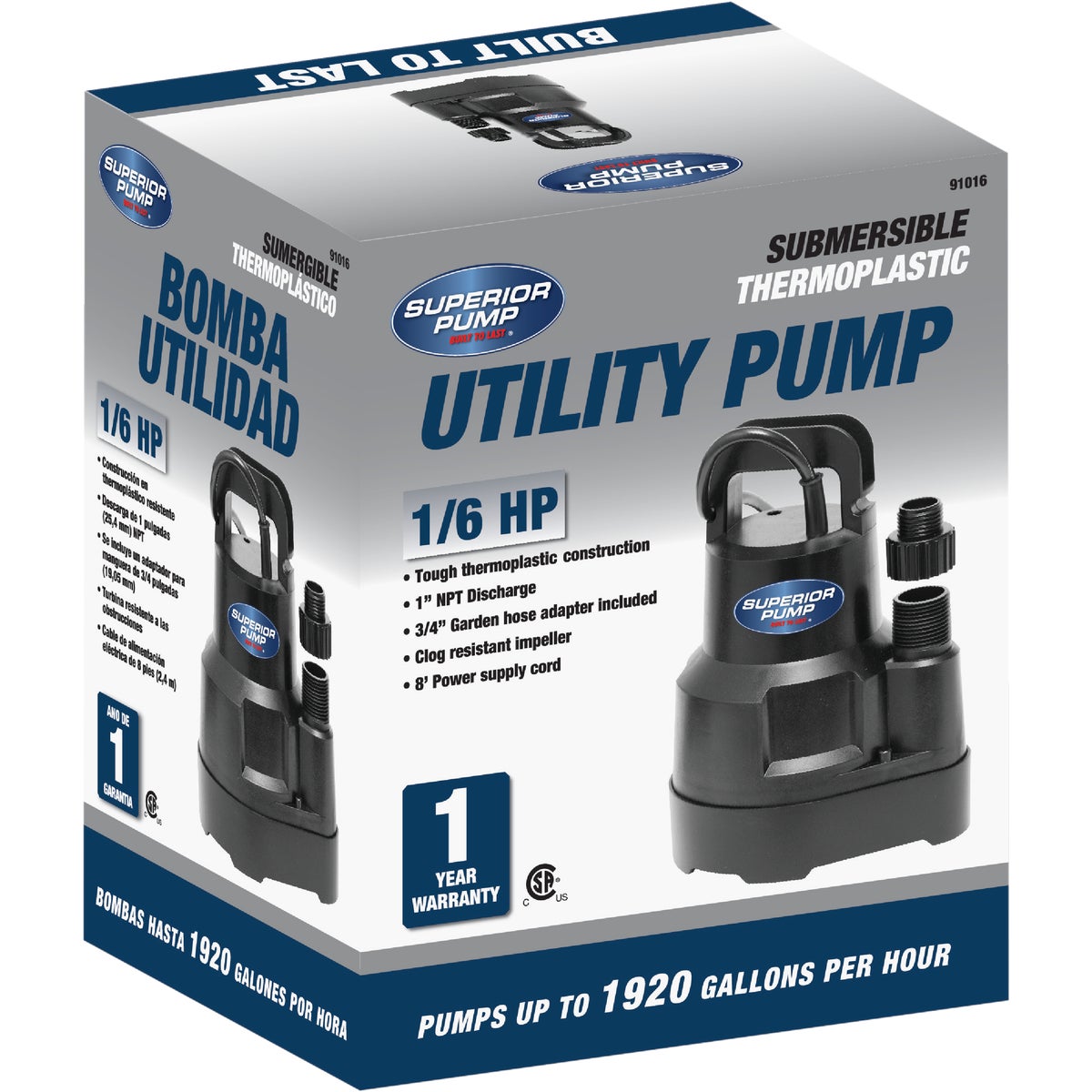 Superior Pump 1/6 HP 1920 GPH OilFree Submersible Utility Pump