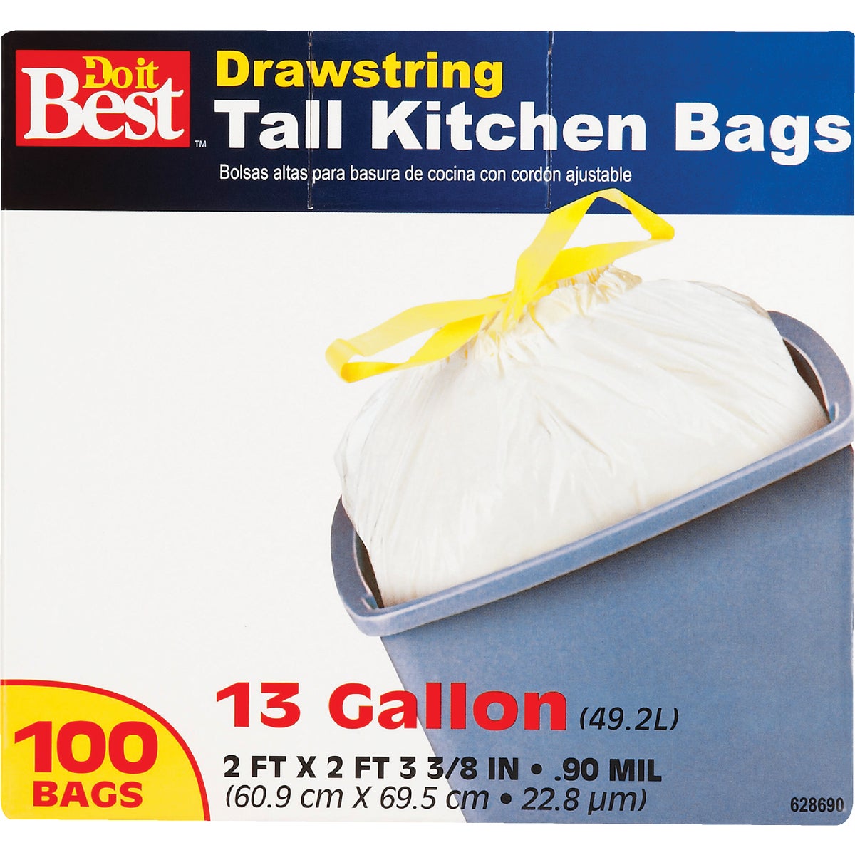 Tall Kitchen Trash Bag, Drawstring Closure, White, 13 Gallon, 90