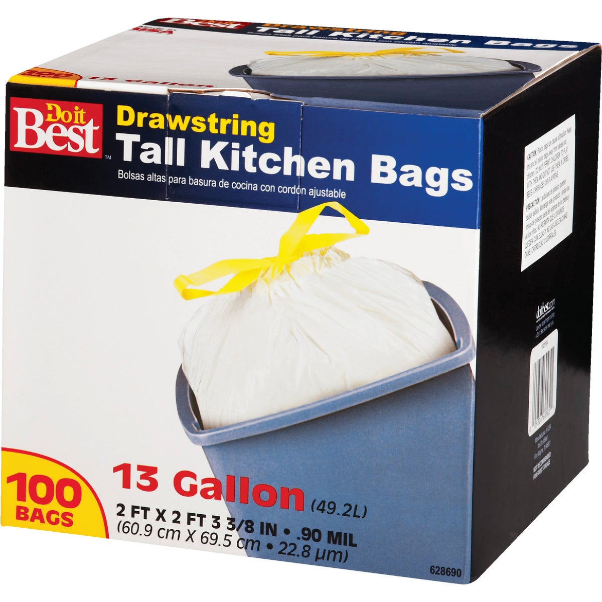 Tall Kitchen Trash Bag, Drawstring Closure, White, 13 Gallon, 90