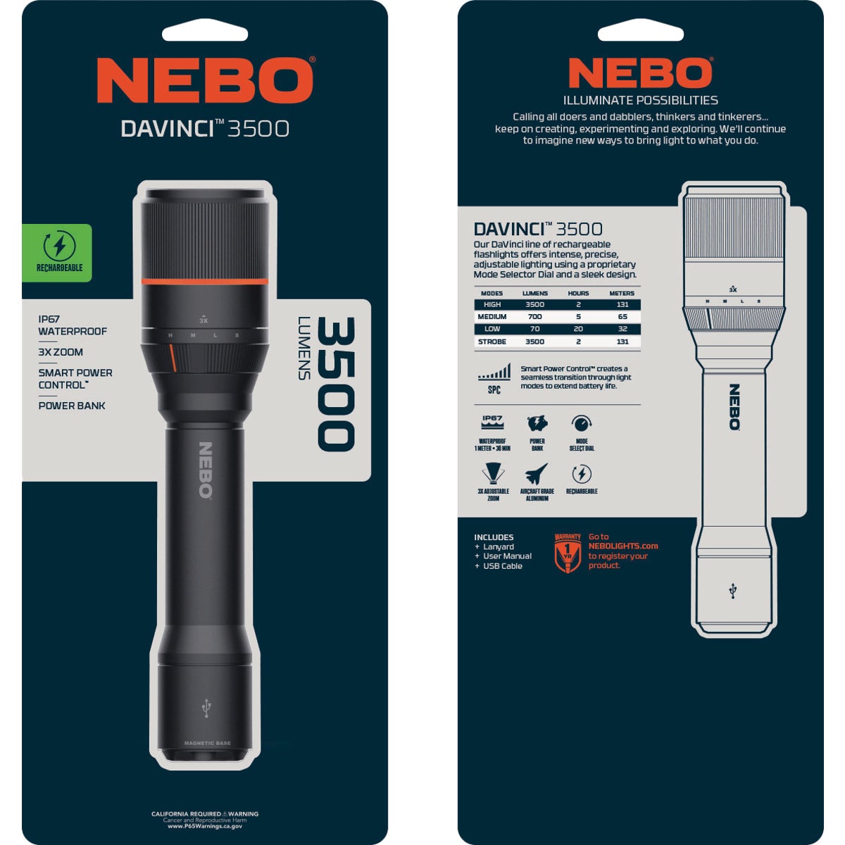 ip67 nebo flashlight Nebo DaVinci LED Anodized Aluminum 3500 Lm. Rechargeable Flashlight – Hemlock Hardware