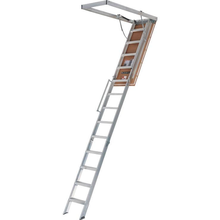 Image of Louisville Everest 10 Ft. to 12 Ft. 25-1/2 In. x 63 In. Aluminum Attic Stairs with Aluminum Frame, 375 Lb. Load