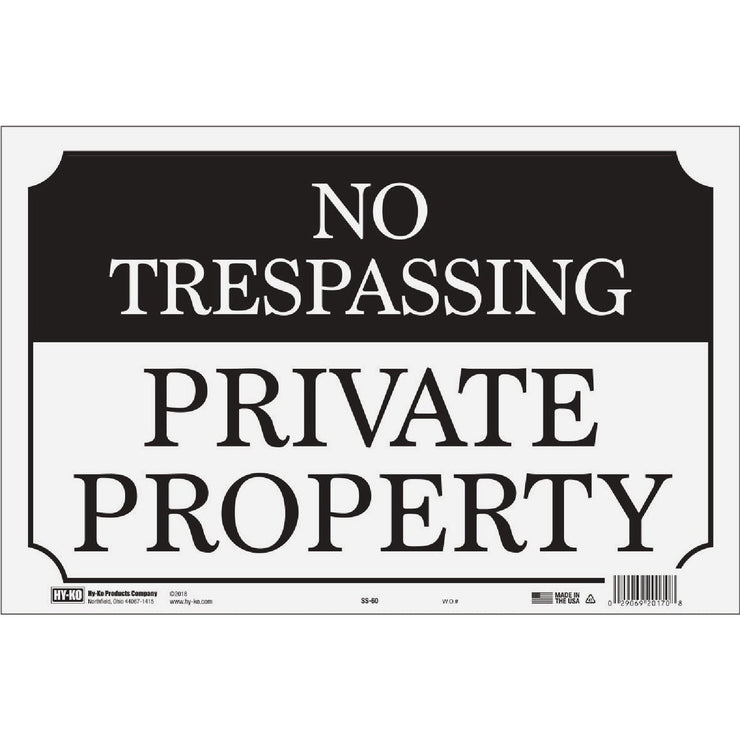 Image of Hy-Ko 9 x 14 Black/White Aluminum Sign, No Trespassing/Private Property