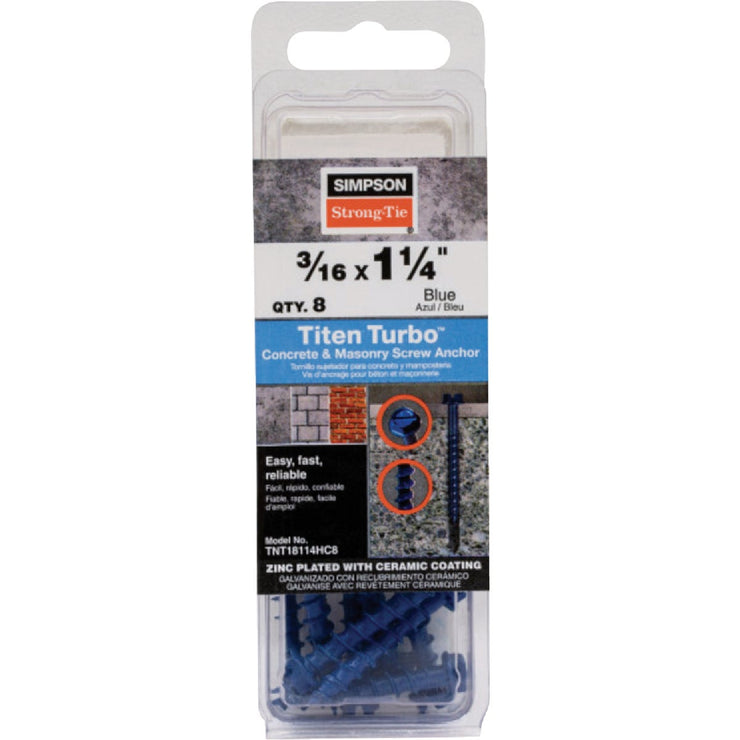 Image of Simpson Strong-Tie Titen Turbo  3/16 in. x 1-1/4 in. Hex-Head Concrete and Masonry Screw, Blue (8-Qty)