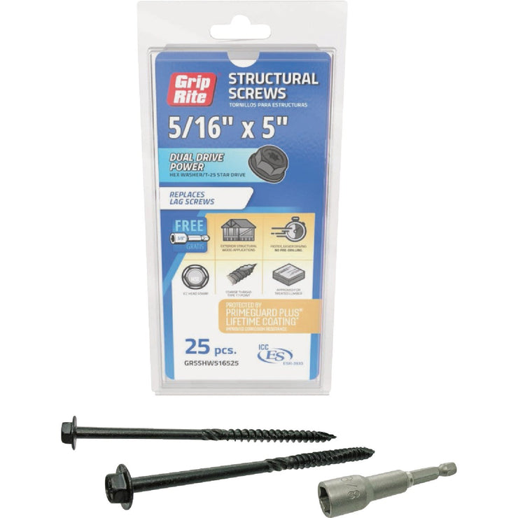Image of  Grip-Rite PrimeGuard Plus 5/16 In. x 5 In. Hex Washer Head Structural Screw (25-Count)