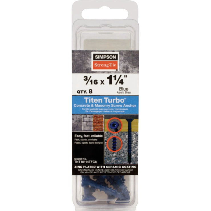 Image of Simpson Strong-Tie Titen Turbo  3/16 in. x 1-1/4 in. 6-Lobe Flat-Head Concrete and Masonry Screw, Blue (8-Qty)