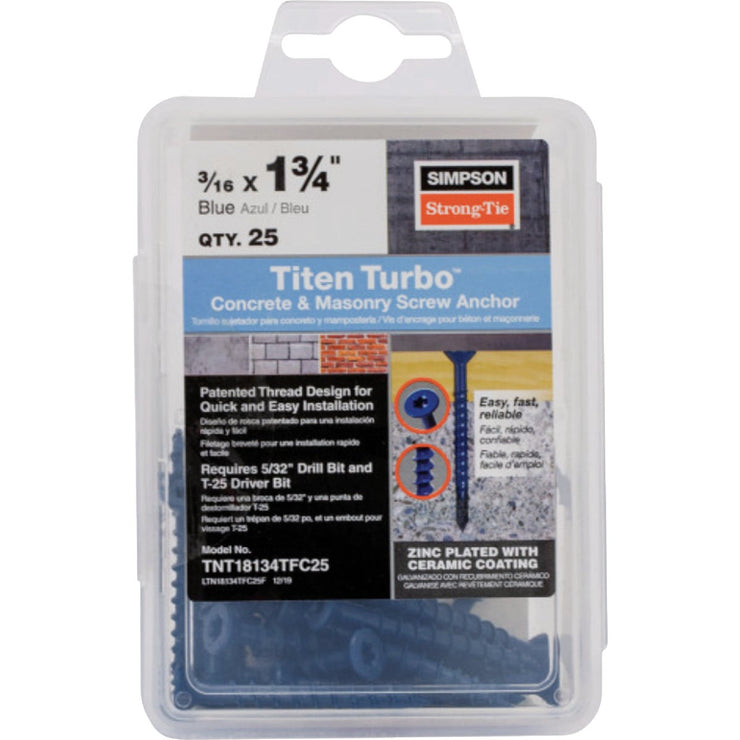 Image of Simpson Strong-Tie Titen Turbo  3/16 in. x 1-3/4 in. 6-Lobe Flat-Head Concrete and Masonry Screw, Blue (75-Qty)