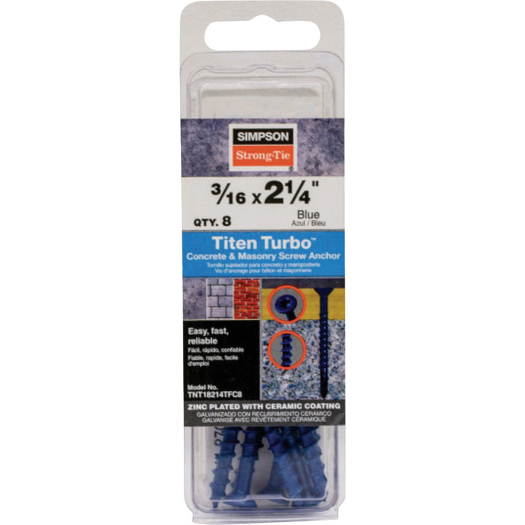 Image of Simpson Strong-Tie Titen Turbo  3/16 in. x 2-1/4 in. 6-Lobe Flat-Head Concrete and Masonry Screw, Blue (8-Qty)