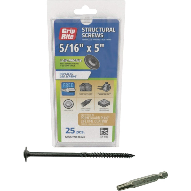 Image of Grip-Rite PrimeGuard Plus 5/16 In. x 5 In. Flat Washer Head Structure Screw (25-Count)