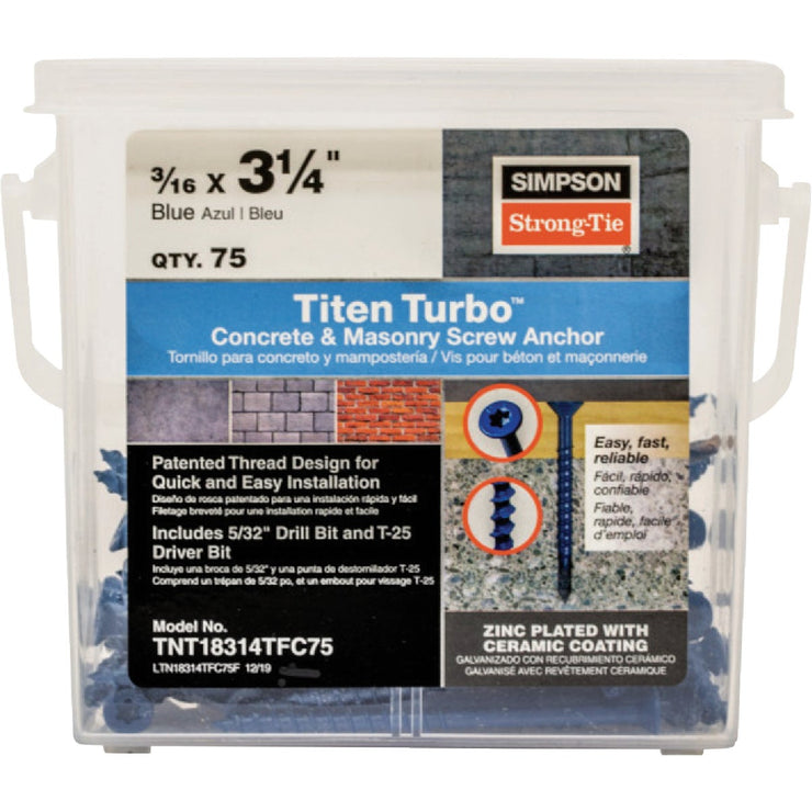 Image of Simpson Strong-Tie Titen Turbo  3/16 in. x 3-1/4 in. 6-Lobe Flat-Head Concrete and Masonry Screw, Blue (75-Qty)