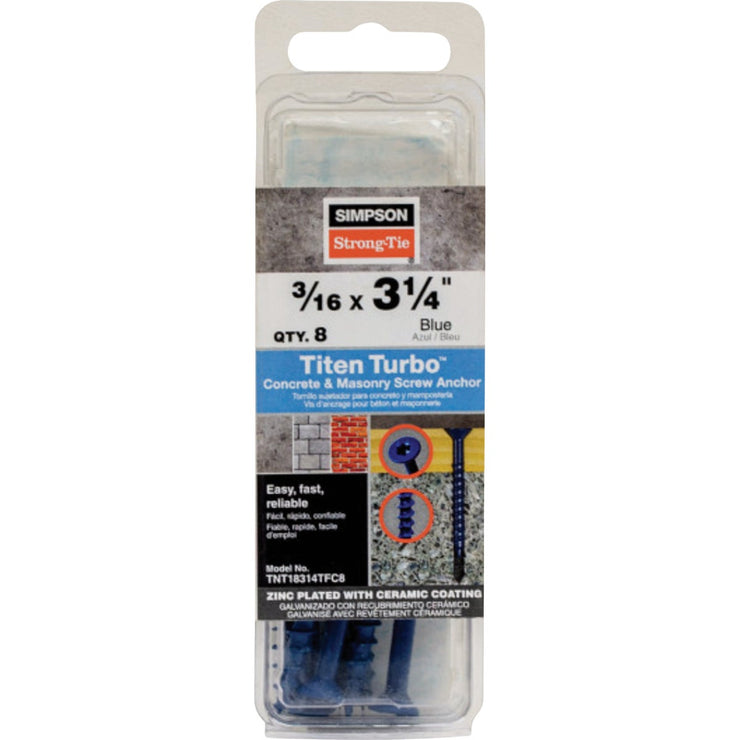 Image of Simpson Strong-Tie Titen Turbo  3/16 in. x 3-1/4 in. 6-Lobe Flat-Head Concrete and Masonry Screw, Blue (8-Qty)