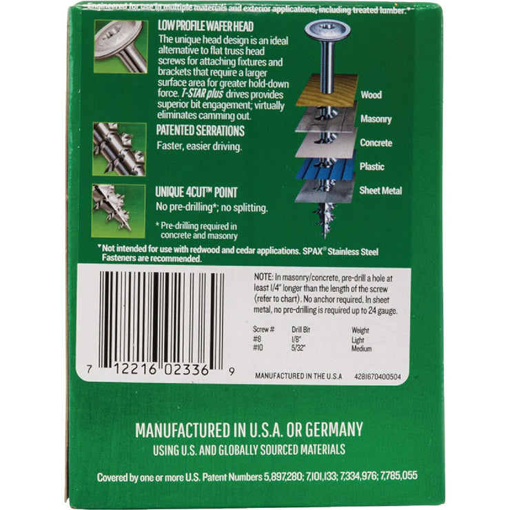 Image of SPAX 8 x 2 In. Wafer Head T-20+ HCR-X (Exterior Rated) Cabinet Screw 1 Lb. (140-Count)