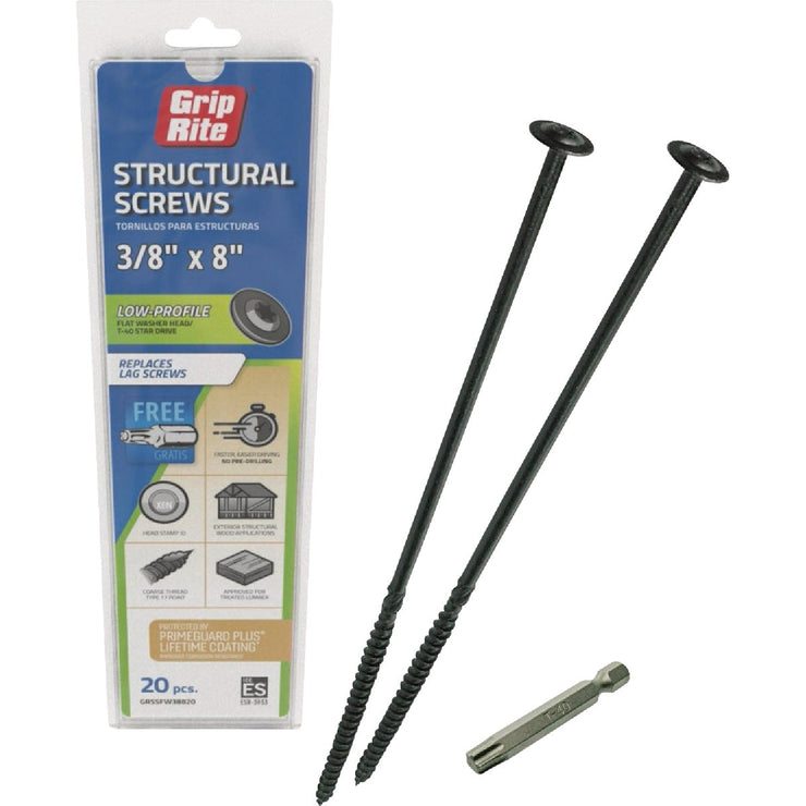 Image of Grip-Rite PrimeGuard Plus 3/8 In. x 8 In. Flat Washer Head Structure Screw (20-Count)
