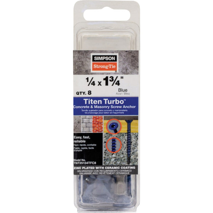 Image of Simpson Strong-Tie Titen Turbo  1/4 in. x 1-3/4 in. 6-Lobe Flat-Head Concrete and Masonry Screw, Blue (8-Qty)