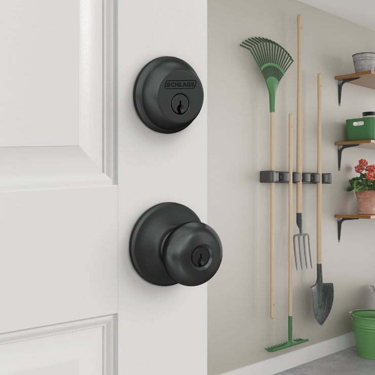 Image of Schlage Matte Black Single Cylinder Deadbolt & Plymouth Keyed Entry Knob