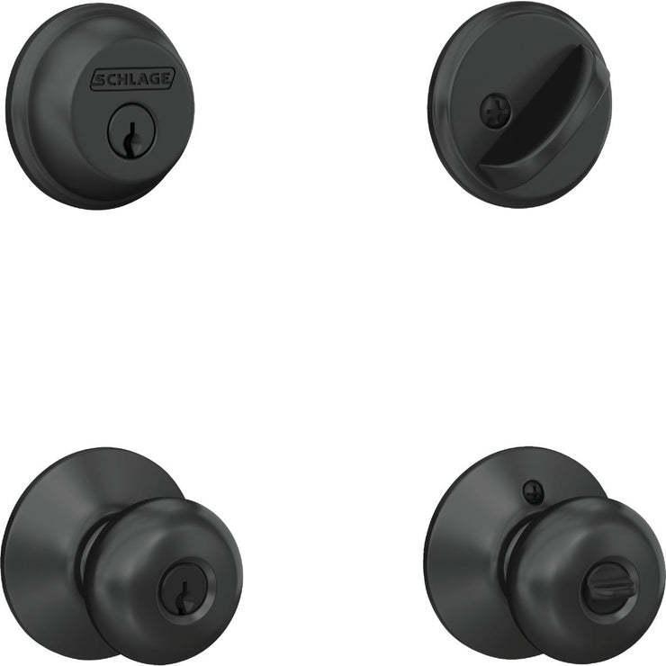 Image of Schlage Matte Black Single Cylinder Deadbolt & Plymouth Keyed Entry Knob
