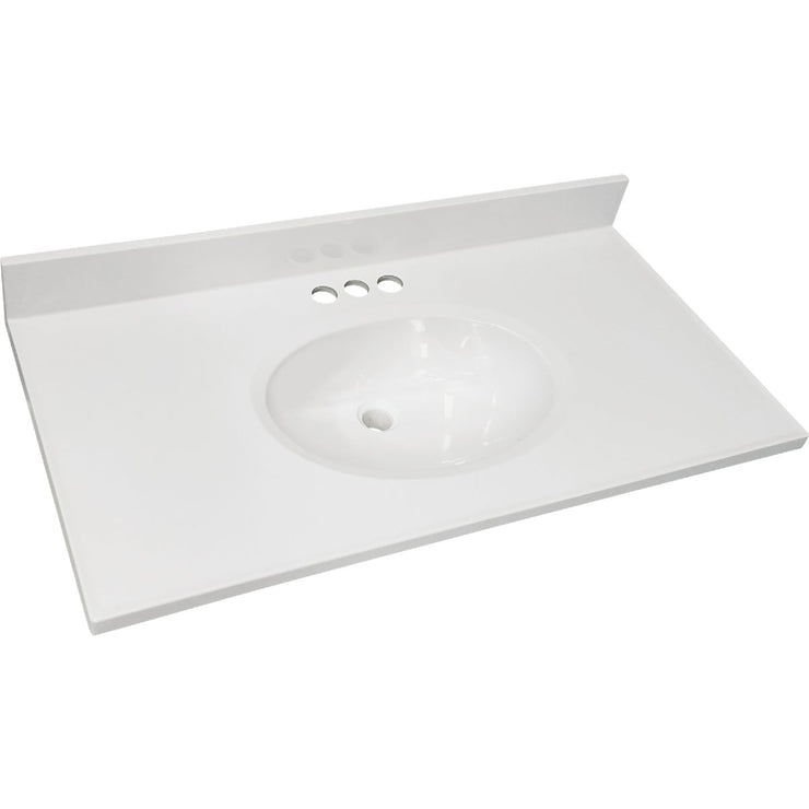 Image of CraftMark 37 In. x 19 In. Cultured Marble Solid High Gloss White Vanity Top with Round Bowl