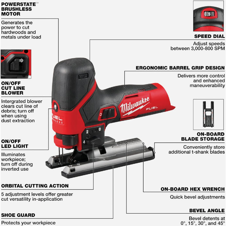 Image of Milwaukee M12 FUEL Brushless Barrel Grip Cordless Jig Saw (Tool Only)
