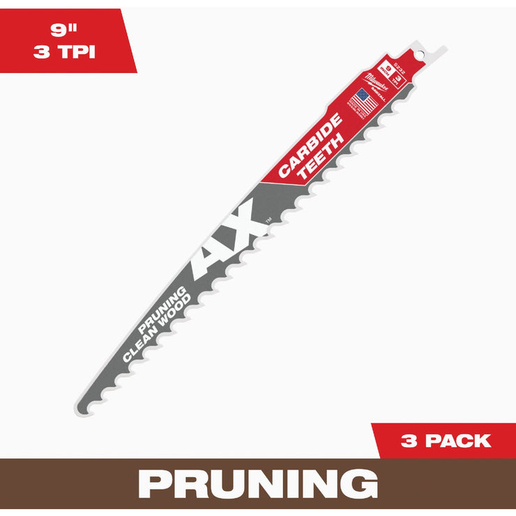 Image of Milwaukee SAWZALL AX 9 In. 3 TPI Carbide Pruning Reciprocating Saw Blade (3-Pack)