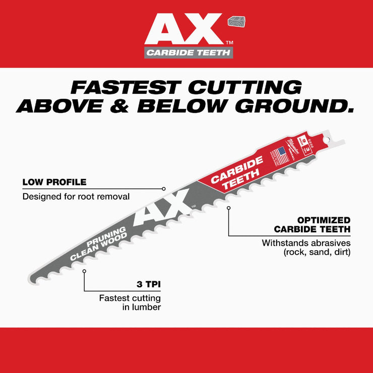 Image of Milwaukee SAWZALL AX 9 In. 3 TPI Carbide Pruning Reciprocating Saw Blade (3-Pack)