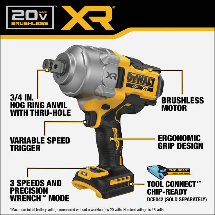 Image of DEWALT 20V MAX XR Brushless 3/4 In. High Torque Cordless Impact Wrench with Hog Ring Anvil (Tool Only)
