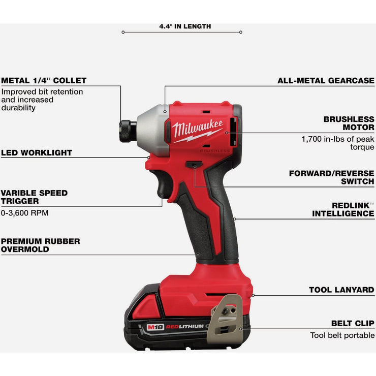 Image of Milwaukee M18 Brushless 1/4 In. Hex Compact Cordless Impact Driver Kit with 2.0 Ah Battery & Charger