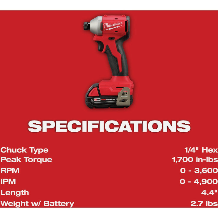 Image of Milwaukee M18 Brushless 1/4 In. Hex Compact Cordless Impact Driver Kit with 2.0 Ah Battery & Charger