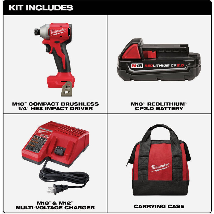 Image of Milwaukee M18 Brushless 1/4 In. Hex Compact Cordless Impact Driver Kit with 2.0 Ah Battery & Charger