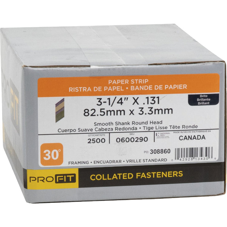 Image of Pro-Fit 3-1/4 In. x .131 In. 30 Degree Paper Tape Smooth Shank Round Head Brite Collated Stick Nails (2500 Ct.)