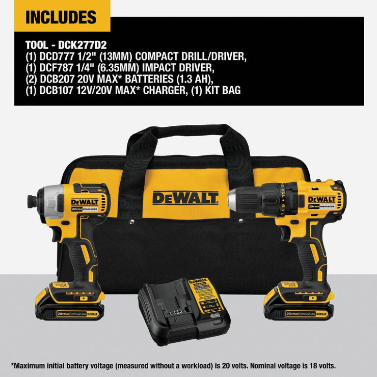 Image of DEWALT 20V MAX 2-Tool Brushless Compact Cordless Drill/Driver & Impact Driver Combo Kit with (2) 1.3 Ah Batteries & Charger
