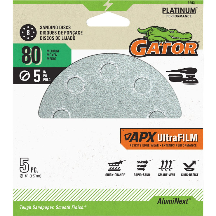 Image of Gator Blade 5 In. 80-Grit 8-Hole Pattern Vented Sanding Disc with Hook & Loop Backing (5-Pack)
