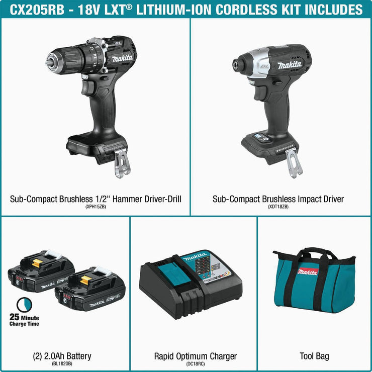 Image of Makita 2-Tool 18 Volt LXT Lithium-Ion Brushless Sub-Compact Hammer Drill/Driver & Impact Driver Cordless Tool Combo Kit