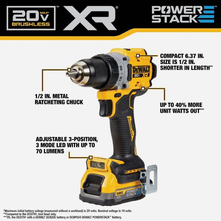 Image of DEWALT 20V MAX XR Brushless 1/2 In. Compact Drill/Driver Kit with 1.7 Ah POWERSTACK Battery & 2.0 Ah Battery & Charger