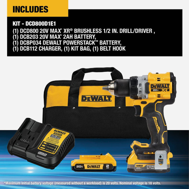 Image of DEWALT 20V MAX XR Brushless 1/2 In. Compact Drill/Driver Kit with 1.7 Ah POWERSTACK Battery & 2.0 Ah Battery & Charger