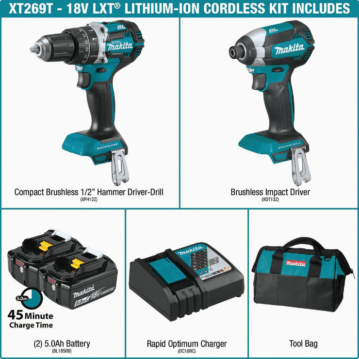 Image of Makita 2-Tool 18 Volt LXT Lithium-Ion Brushless Compact Hammer Drill/Driver & Impact Driver Cordless Tool Combo Kit