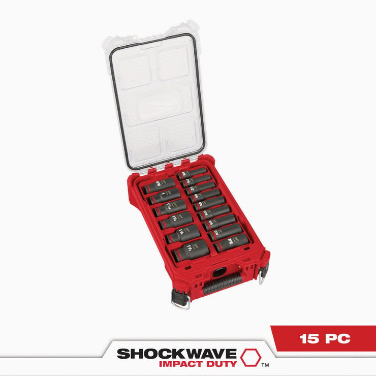 Image of Milwaukee SHOCKWAVE Standard 1/2 In. Drive 6-Point Deep Impact Driver Set with PACKOUT Organizer (15-Piece)