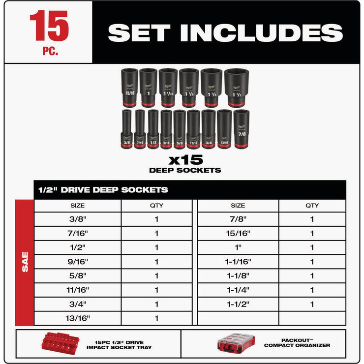 Image of Milwaukee SHOCKWAVE Standard 1/2 In. Drive 6-Point Deep Impact Driver Set with PACKOUT Organizer (15-Piece)