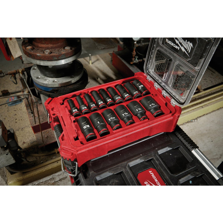 Image of Milwaukee SHOCKWAVE Standard 1/2 In. Drive 6-Point Deep Impact Driver Set with PACKOUT Organizer (15-Piece)