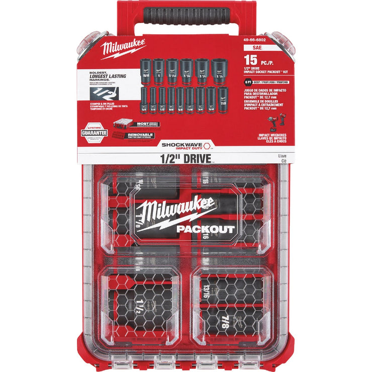 Image of Milwaukee SHOCKWAVE Standard 1/2 In. Drive 6-Point Deep Impact Driver Set with PACKOUT Organizer (15-Piece)