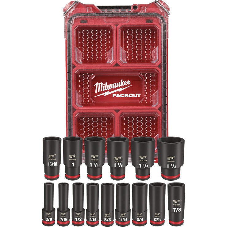 Image of Milwaukee SHOCKWAVE Standard 1/2 In. Drive 6-Point Deep Impact Driver Set with PACKOUT Organizer (15-Piece)