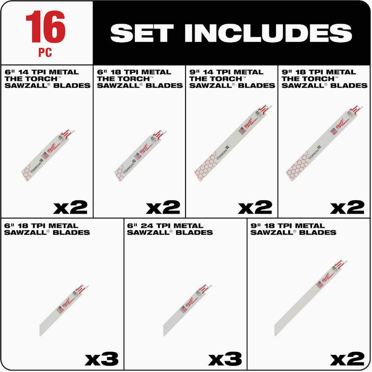 Image of Milwaukee SAWZALL 16-Piece Multi-Material Reciprocating Saw Blade Set