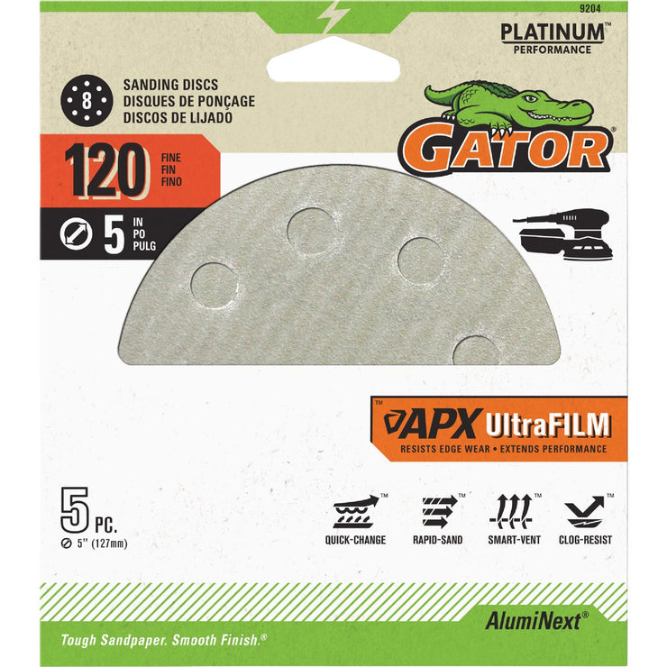 Image of Gator Blade 5 In. 120-Grit 8-Hole Pattern Vented Sanding Disc with Hook & Loop Backing (5-Pack)