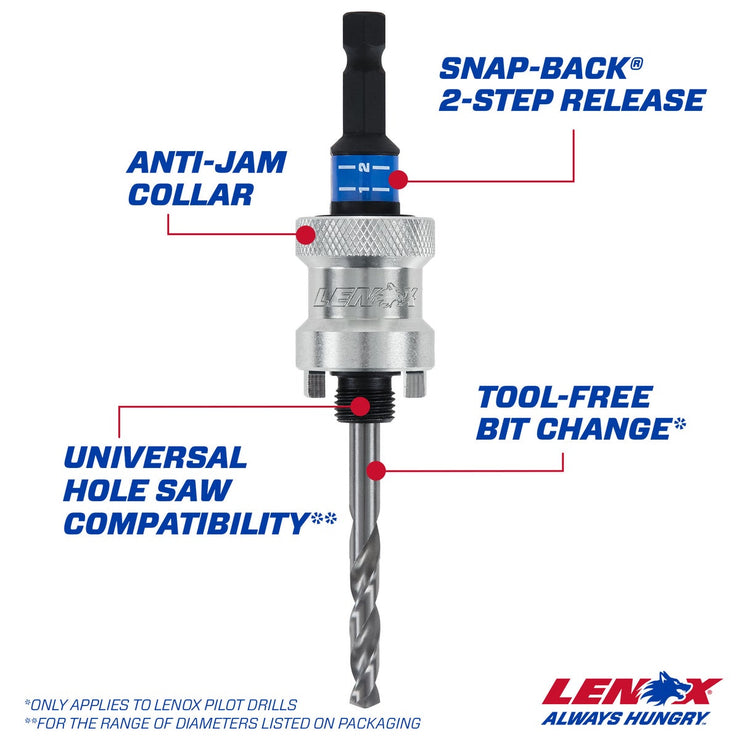 Image of Lenox SNAP-BACK 3/8 In. Hex Shank Quick Change Hole Saw Arbor Fits 9/16 In. to 1-3/16 In. Hole Saws