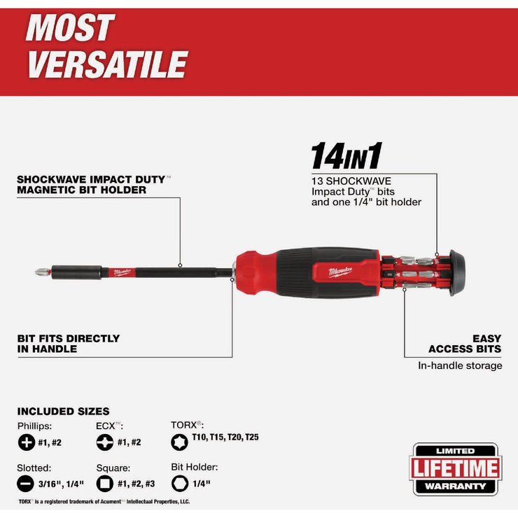 Image of Milwaukee 14-In-1 Multi-Bit Screwdriver with SHOCKWAVE Impact Duty Bits