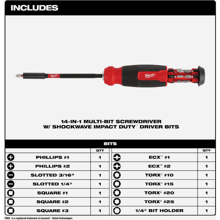 Image of Milwaukee 14-In-1 Multi-Bit Screwdriver with SHOCKWAVE Impact Duty Bits