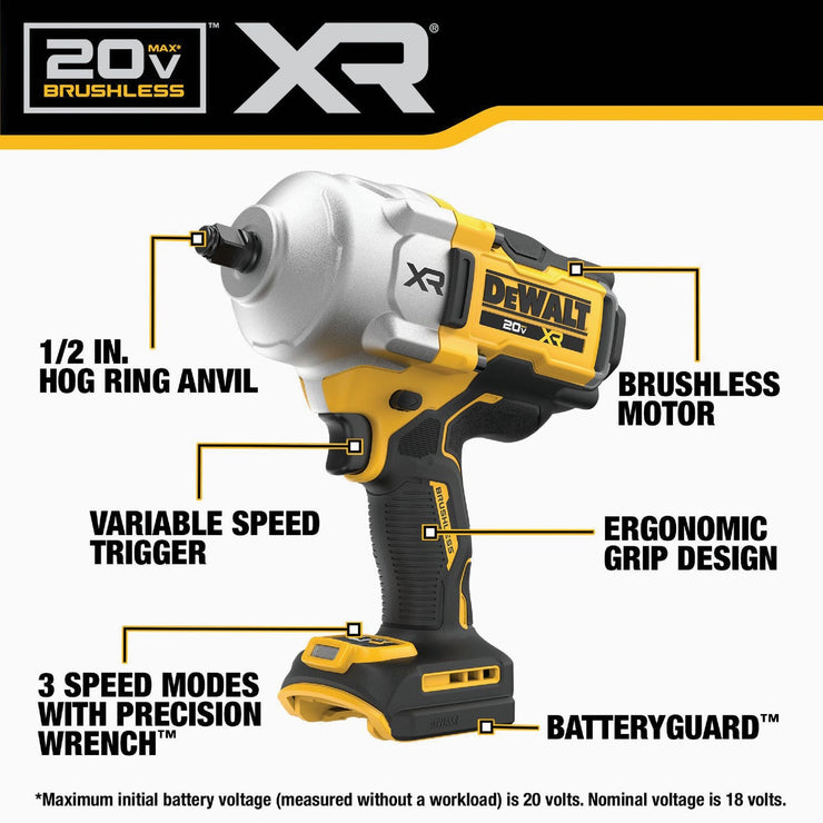 Image of DEWALT 20V MAX XR Brushless 1/2 In. High Torque Cordless Impact Wrench with Hog Ring Anvil (Tool Only)