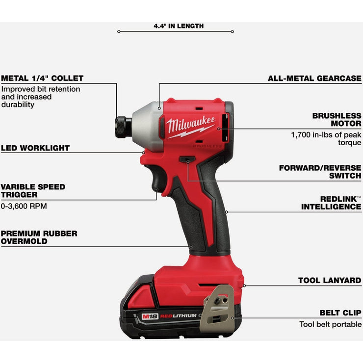 Image of Milwaukee M18 Brushless 1/4 In. Hex Compact Cordless Impact Driver Kit with (2) 2.0 Ah Batteries & Charger