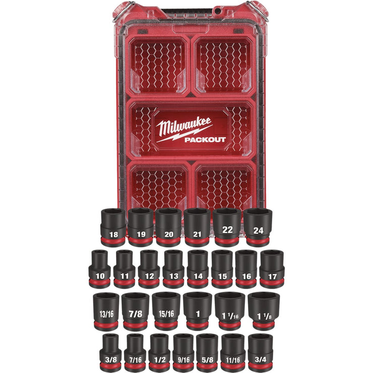 Image of Milwaukee SHOCKWAVE Standard/Metric 1/2 In. Drive 6-Point Impact Driver Set with PACKOUT Organizer (27-Piece)