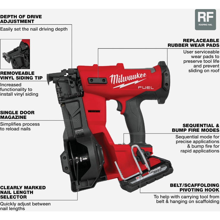 Image of Milwaukee M18 FUEL Brushless Cordless Coil Roofing Nailer Kit with 3.0 Ah Battery & Charger